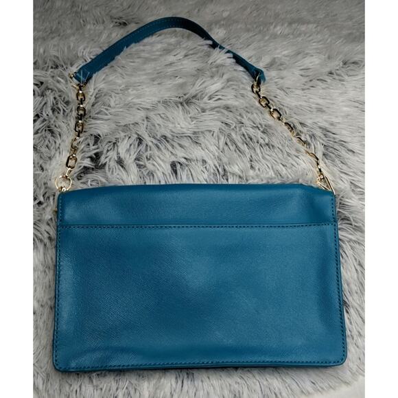 Tory Burch Robinson Envelope Clutch Saffiano Leather Pocket Chain Turquoise Blue - Picture 2 of 8